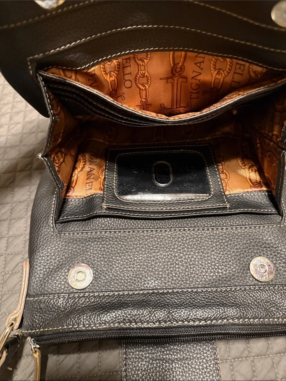 Tignanello Black Leather Crossbody Messenger with Contrast Stitching